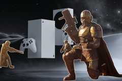 helldivers standing around xbox series consoles.